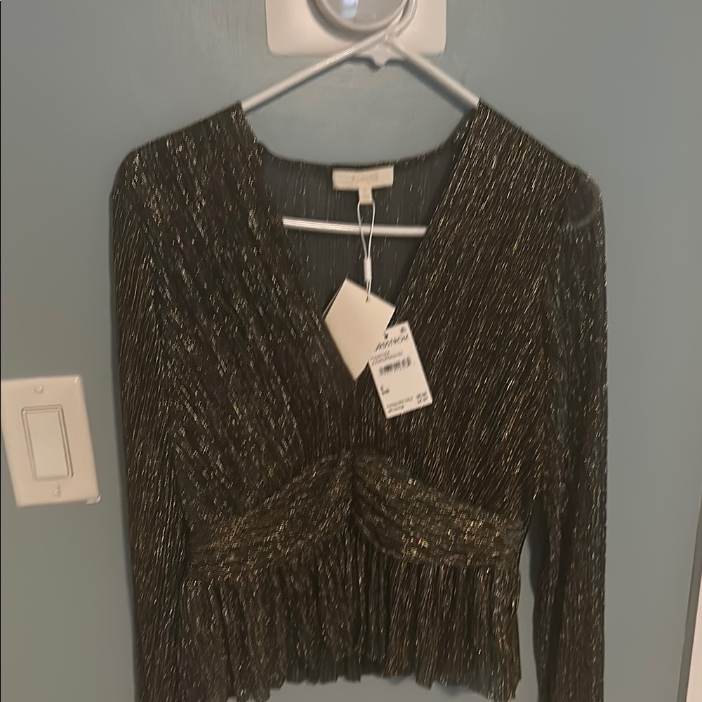 Parker Black and gold Ruched Ribbed Long Sleeve Blouse
